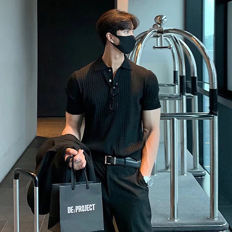 Knitted Polo Black Shirt Men